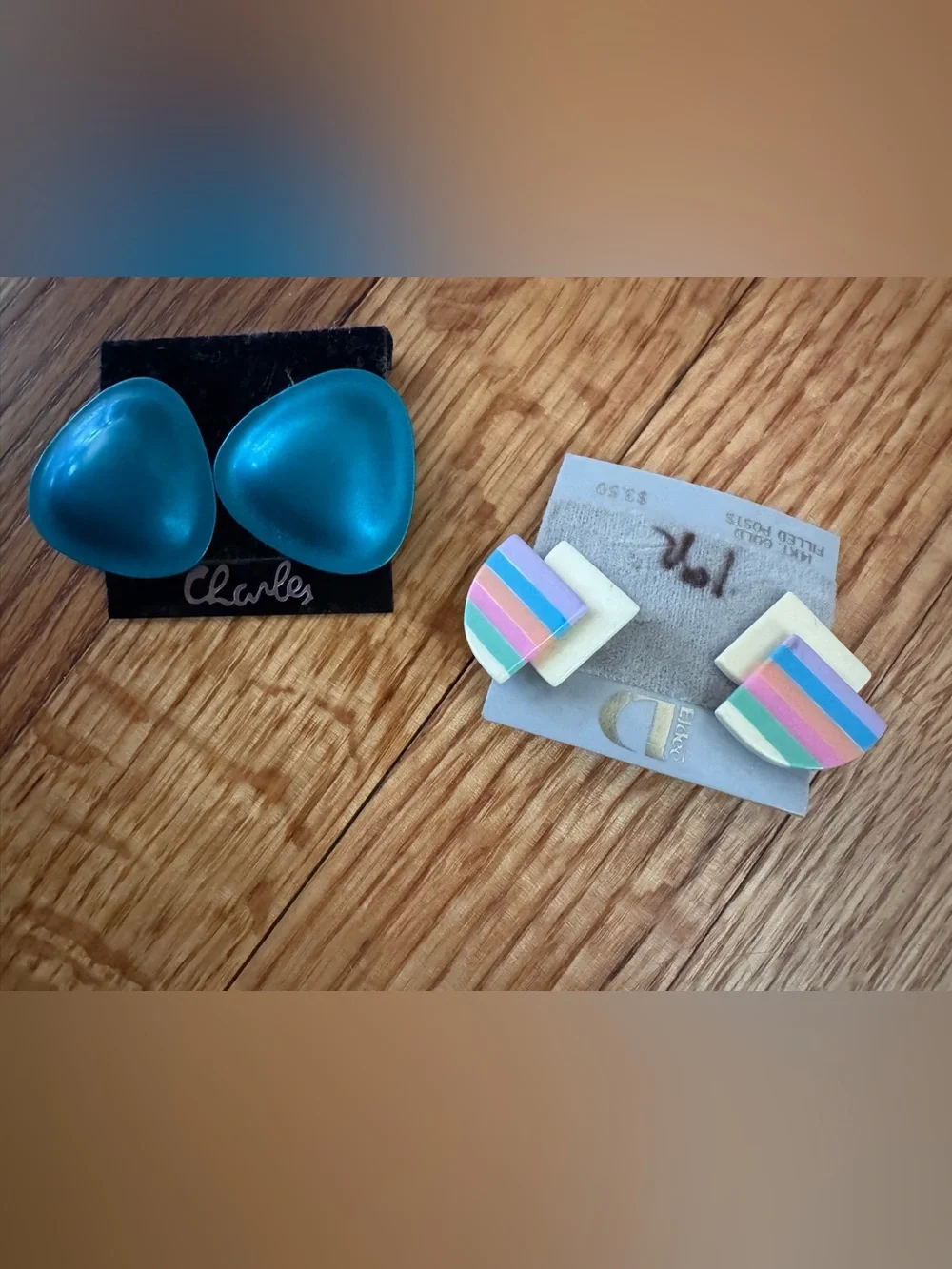 Colorful Striped Resin Earrings & Teal Metallic Dome Pierced Earrings
